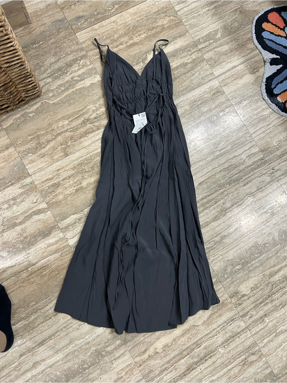 Zara Dark Gray Smocked-Body Maxi Dress with Spaghetti Straps - Picture 5 of 6